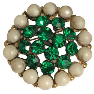 Estate Vintage Green Rhinestone Faux Pearl Domed Brooch Gold Tone Circular